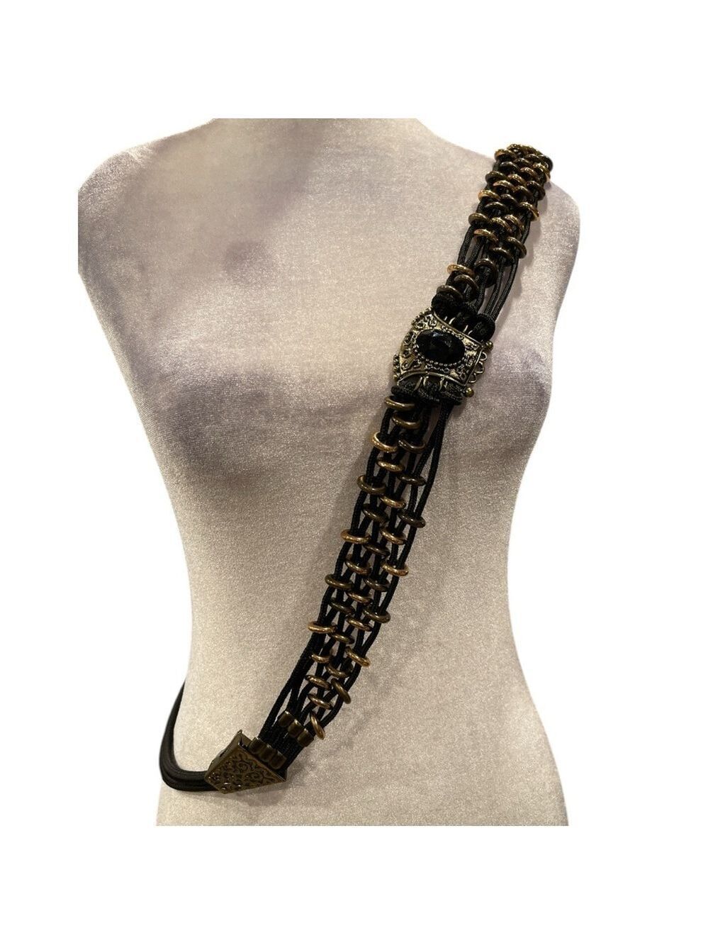 Vintage ornate buckle macrame belt with brassy circles 45” long